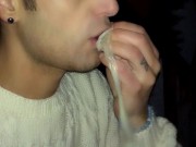 Craziness?! Twink drinks cum of used condom under a bridge