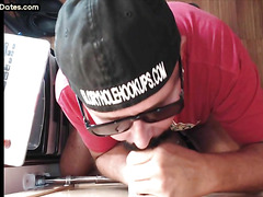 Gloryhole gay sucks big hard dick while stroking it