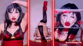 Sultry, Seductive Red Lipstick Kiss Imprints on Clear Chair Vaping in Lingerie and Red Heels