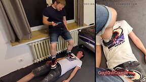 White slave trampling and cbt training with footjob and cum sniffing