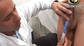 The campus doctor measures the Latino boy's uncut cock