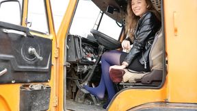 A very tall hottie in pantyhose drives an old powerful truck - pedal pumping