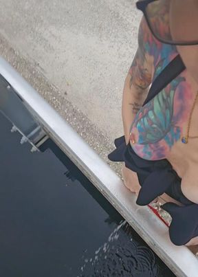 Redhead Cowgirl Pees off Public Bridge while Fishing