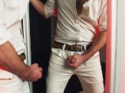 A handsome guy masturbates in front of a mirror. I finish loudly and fill the mirror with my sperm.