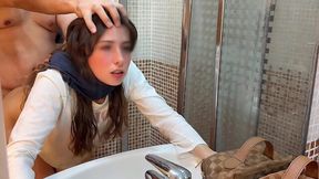 Sneaky Fatass Stepdaddy Follows Stepdaughter into Bathroom, Busts a Nut While Filming. She's Not Thrilled