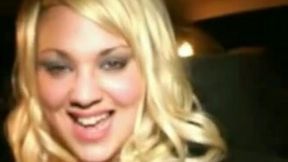 Lusty blond haired curly harlot worked on several cocks for bukkake