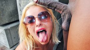 Blonde teen Brandy Wine loves sucking black dick in the woods