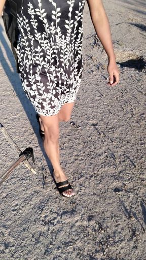 Cute very hot trans slut in dress and sandals goes for a walk to show off her beautiful legs and feet