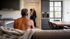 creampied ebony hotwife walks her lover out in front of her husband ( ai generated )
