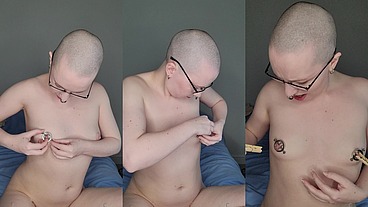 Trying out the unusual and very pretty new nipple clamps thanks to one of my dear fans ?