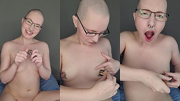 Trying out the unusual and very pretty new nipple clamps thanks to one of my dear fans ?