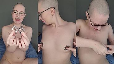 Trying out the unusual and very pretty new nipple clamps thanks to one of my dear fans ?