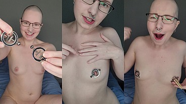 Trying out the unusual and very pretty new nipple clamps thanks to one of my dear fans ?