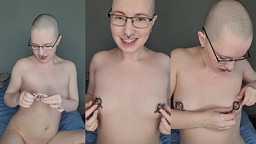 Trying out the unusual and very pretty new nipple clamps thanks to one of my dear fans ?
