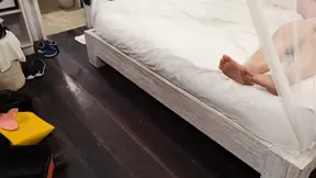 Sneaking asian step sister with perfect pussy in her room and jerked off over her pussy