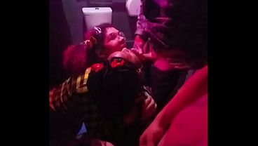 Amateur - 3 Girls giving blowjobs in a club bathroom in 3 Boys PV
