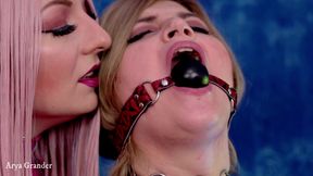 Sensual Gag and Ice Play. Two Hot BDSM Lesbians in Pvc. Fetish Couple Mistress and Girl.