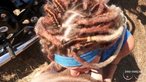 Outdoor footjob and blowjob with dreadlocks girl  Cum on the face