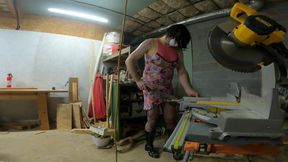 Giant fake tits crossdresser working in the wood shop