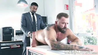 Executive Markus Stone submits to assistant Braxton Cruz's BBC in office bareback fuck