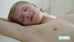 Pale Timothee strokes his hard cock and cums on himself!