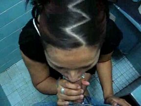 Adorable black haired Latina waitress chick gives me head in restroom