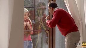 Blonde girl went to her old neighbor to get some dick in her petite mouth