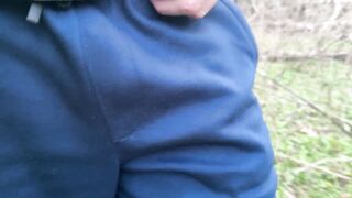 Encaged cuck displays while ambling in forest