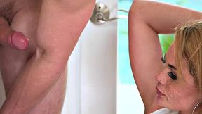 Blonde with big tits gets her shaved pussy licked & fucked in the bathroom