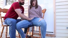 Naughty and seductive and aroused milf quirts fron fingering right in her jeans