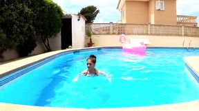 German MILF and teeny star in poolside FFM threesome