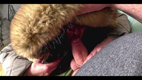Glossy Fur Hood Downjacket. Deepthroat, Spit Play, Riding and Cum Dripping on My Coat