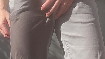 Young bro doesn't even try to hold it and pees in himself on the balcony - he's probably training for male pee holding / omorashi / piss desperation challenge