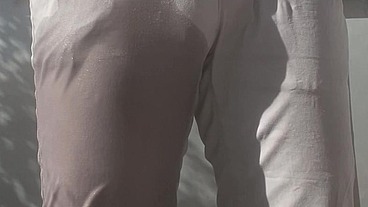 Young bro doesn't even try to hold it and pees in himself on the balcony - he's probably training for male pee holding / omorashi / piss desperation challenge