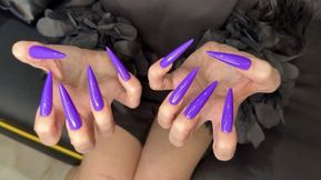 New longer shape and new purple color, claws, long flexible fingers wide palms, skin scratching, black silk blouse and tight skirt on me