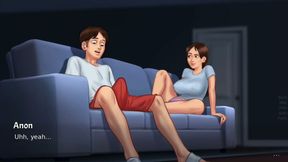 Debbie gives Anon's huge monster cock a surprise footjob - summertime saga gameplay