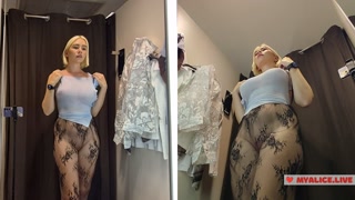 Blonde with big Tits Try on haul Clothes in Mall. Milf in Fitting Room