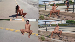 Walking naked through the public city barefoot masturbating