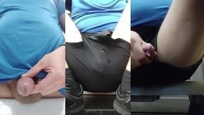 Man soaks his gym shorts with piss and cum while jacking off in public