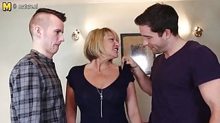 Hot British mother sucking and fucking two young boys
