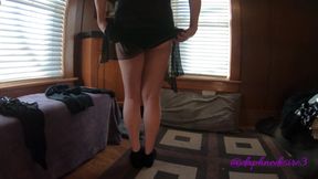 T-girl in cute minidress dances takes off pantyhose and teases
