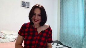 Hot MILF moans as top-heavy brunette plays with her enormous natural tits and hairy pussy under the table