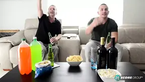 Sausage Party` - Blonde girl with big ass gives handjob and tit fucking to two guys