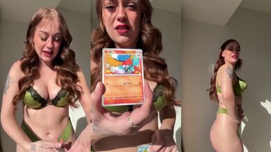 Paldea geek girl shreds Pokemon cards in lace lingerie flashing her thick bush