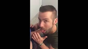 Hunk gives blowjob in a public restroom - amateur gay porn