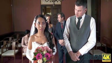 Bride in white stockings joins interracial wedding orgy with audience
