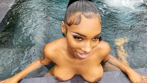 Mountainous boob ebony girlfriend close up seduces poolside on a sunny day