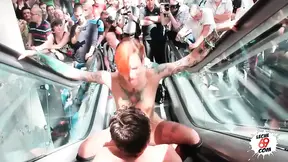 Dirty slut with big natural tits doing 69 in public