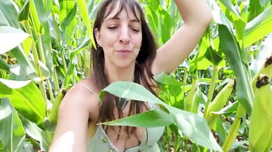 Cornfield blowjob with big natural boobs and cum dripping down her thighs