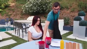 Busty redhead Skyla Novea fucks her stepmoms new boyfriend outdoor